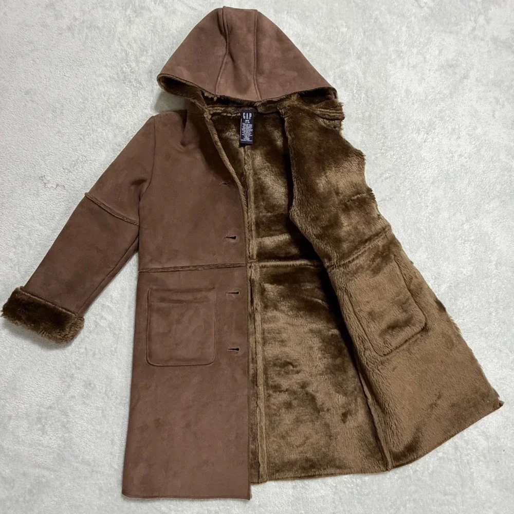 GAP Faux Shearling Hooded Coat Kids Size M 7-8 Brown Winter Jacket Faux Suede